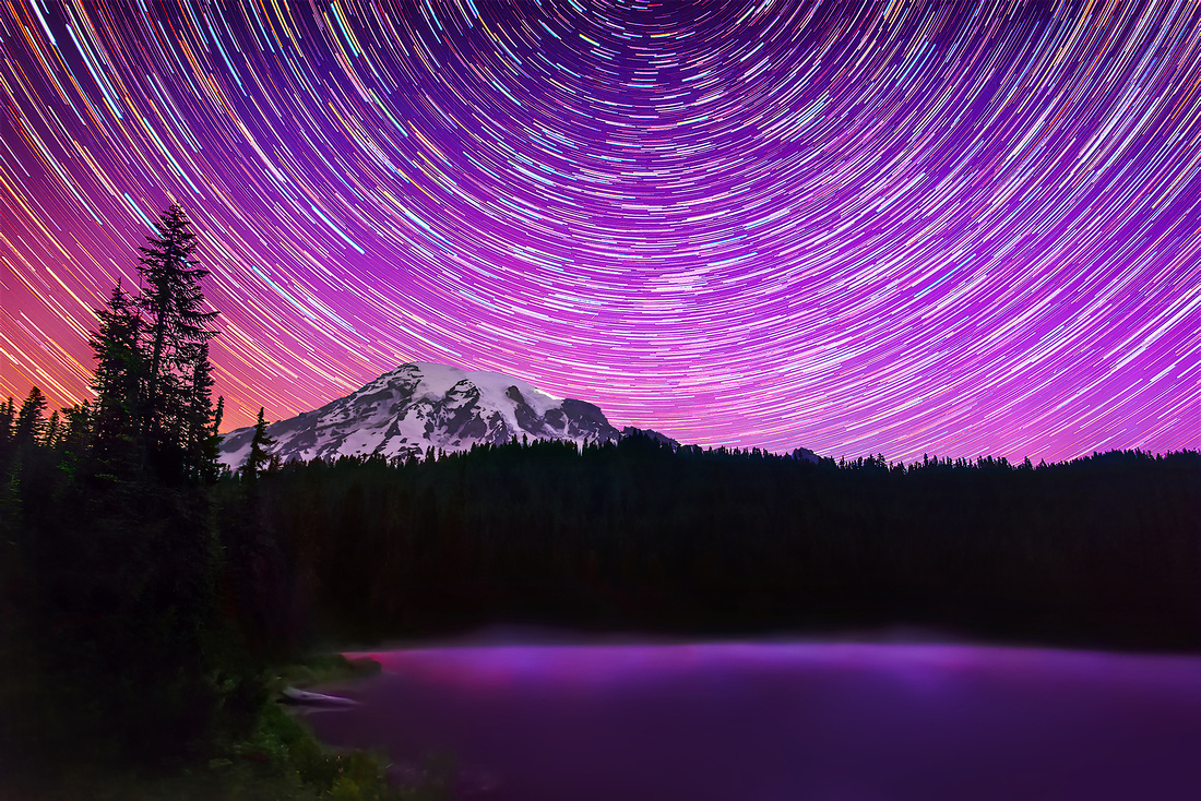 Star trails over Mount Rainier (USPS 2016 NPS Centennial Forever Stamp)